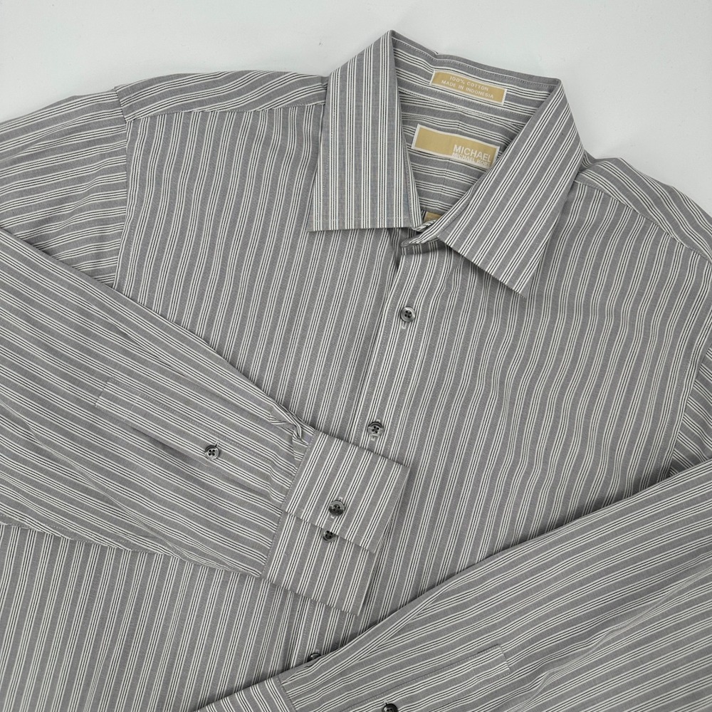 Michael Kors Men Gray White Pinstripe Dress Shirt Cotton Long Sleeve Button Down